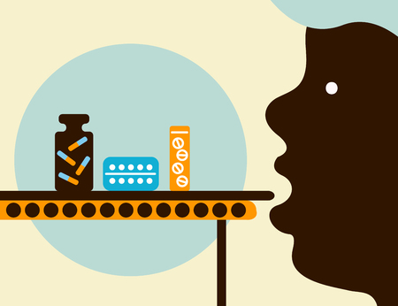 Overdose, conveyor of drugs, man taking pills. Vector illustrtionのイラスト素材
