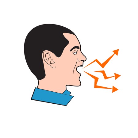 Screaming man, shouting boss, lightning from mouth, aggressive, angry man, anger management Vector illustrationのイラスト素材