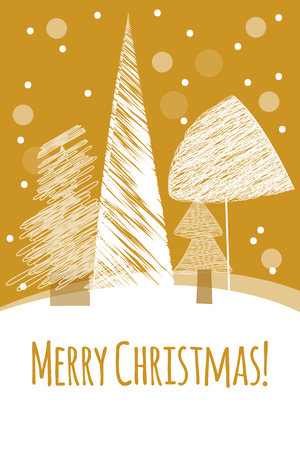 Merry christmas card with hand drawn christmas trees, vector doodle christmas treesのイラスト素材