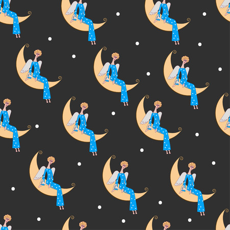 Seamless pattern angel on moon. Template for paper wrapping, print. Vector illustrationのイラスト素材