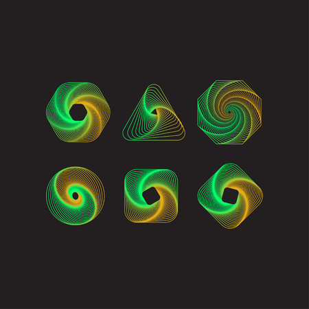 Set of gradient abstract graphic elements. Color futuristic minimal shapes with spiral, triangle, circle, hexagon, square. Vector illustrationのイラスト素材
