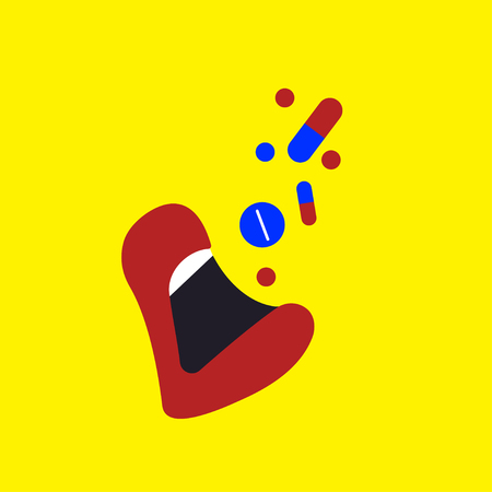 Female open mouth with falling pills, drug abuse, vitamin intake, overdose of medical drugs, suicide. Vector modern flat illustrationのイラスト素材