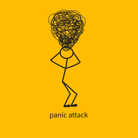 Panic attack illustration, stick man with tangle of problems, phobia and anxiety, headache. Isolated vectorのイラスト素材