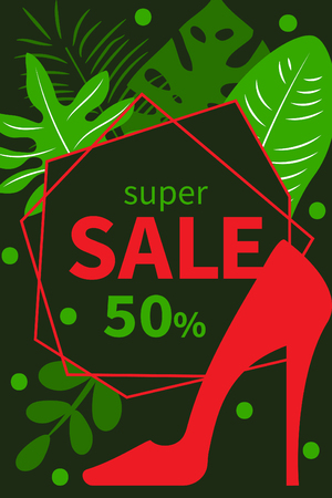 Summer shoe sale banner, flyer with red female shoe and tropical leaves. Vertical advertising poster. Vector flat illustrationのイラスト素材