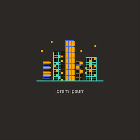 Real estate agency logo, night city buildings, cityscape, abstract skyscrapers, houses. Vector flat illustrationのイラスト素材