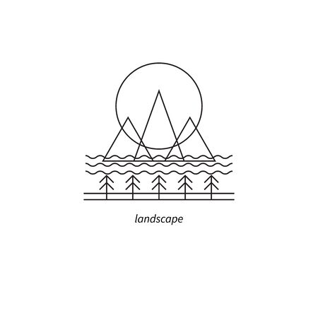 Minimal black and white wild landscape line icon, travel on nature, outdoors, tourism  Vector illustrationのイラスト素材
