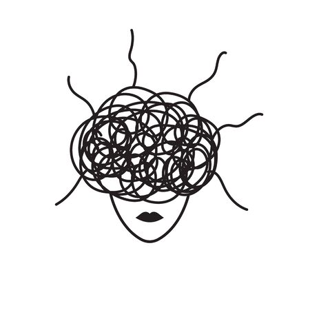 Anxiety symbol, woman in stress, concept of anxiety, upset, depressed woman, vector black line...