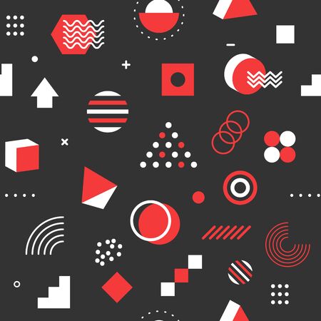 Seamless memphis pattern in 80s style, fashion cool background with geometric shapes, black hipster backdrop. Vector illustrationのイラスト素材