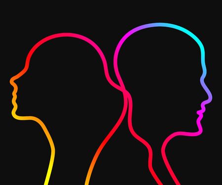 Divorcing couple, quarrel between man and woman, boy and girl are going in different directions. Flat abstract vector concept illustrationのイラスト素材