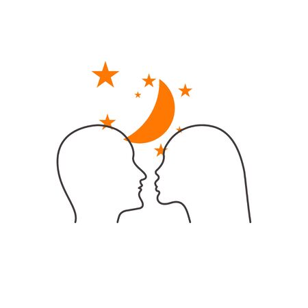 Man and woman against background of stars and moon. Romantic Dating online. Love icon. Two profilesのイラスト素材