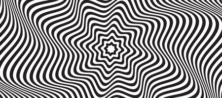 Opt illusion background. Optical illusion banner, distorted black and white lines. Vector illustrationのイラスト素材