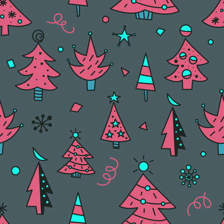 Christmas tree doodles seamless patternのイラスト素材
