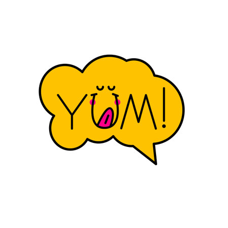 Yum, yum-yum sticker. Banner with funny licking faceのイラスト素材