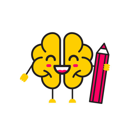 Brain cartoon character holding pencil. Storytelling , writer iconのイラスト素材