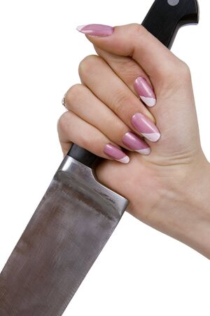 Knife in hand against a white backgroundの写真素材