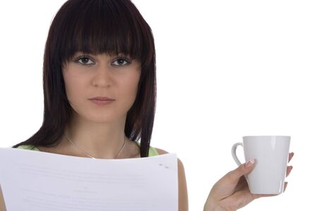 Woman with document and cupの写真素材