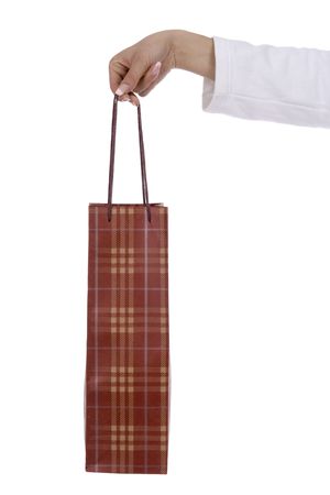 Bag in hands against a white background の写真素材