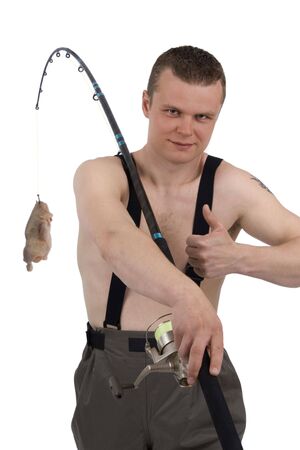 Fisherman with chicken on fishhook against a white backgroundの写真素材