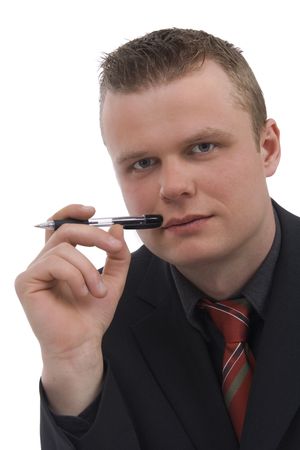 Man with stylus against a white backgroundの写真素材