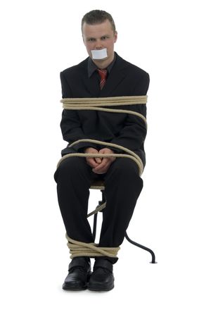 Tied businessman stick up mouth on white backgroundの写真素材