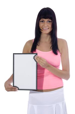 Atractive woman holding a blank sign on a white backgroundの写真素材