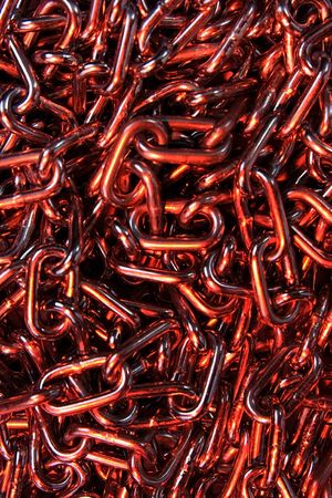 Steel chain spotlighted red lights on black background. 