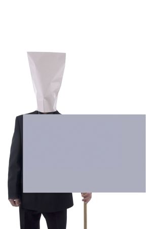 Man with bag over head holding blank gray sign isolated on white background.の写真素材