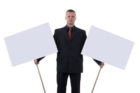 Man retaining two empty grey blank space insulated on white background.の写真素材