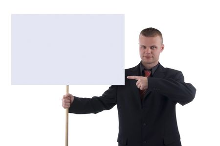 Man holding blank gray sign isolated on white background.の写真素材