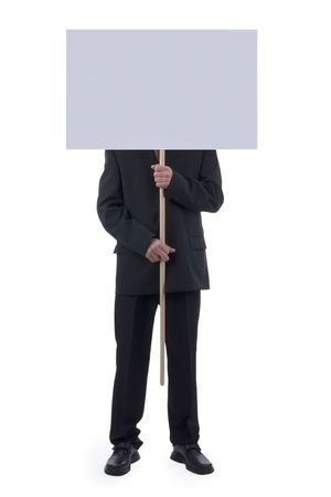 Man behind blank description,on egg white background.の写真素材