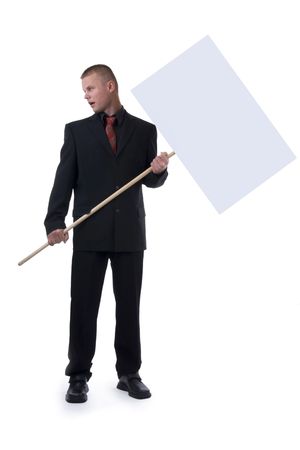 Man holding blank gray sign isolated on white background.の写真素材