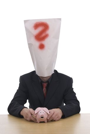Businessman with sack on head whereat is red query.の写真素材