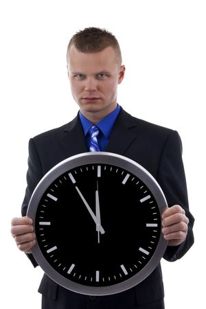 Young dealer in o'clock against a white backgroundの写真素材