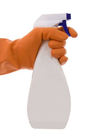 Hand in the orange gloves with sprayer on depurant,symbol sign cleaning.On white background.の写真素材