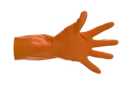 Arm in orange gloves with outstretched fingers gesture,symbol .On white background.の写真素材
