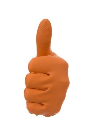 Arm in orange gloves- sign ready eventually at veer dissent from.On white background.の写真素材