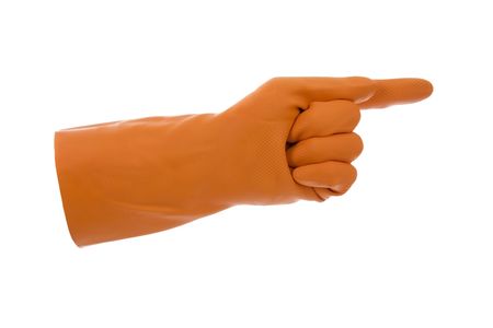 Hand in the orange gloves indicant finger- sign,roadsing.On white background. の写真素材