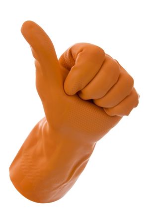 Hand in orange gloves- sign ready.On white background.の写真素材