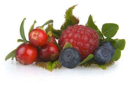 Bilberries,cranberries and raspberry on white background. の写真素材
