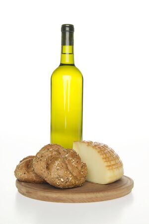 Wine cheese and bread,on white background.の写真素材