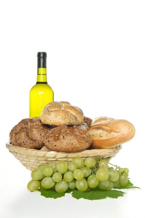 Wine and bread,on white background.の写真素材