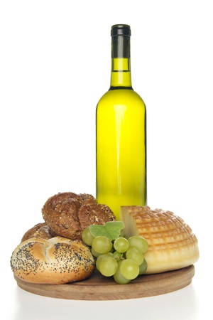 Wine cheese and bread,on white background.の写真素材