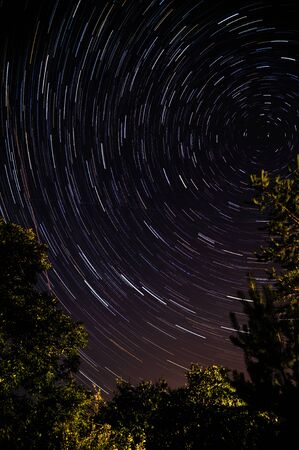 Star trails in the sky above trees in a small village