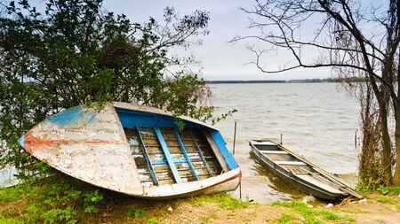 Old boat on a lake shore with treesの写真素材