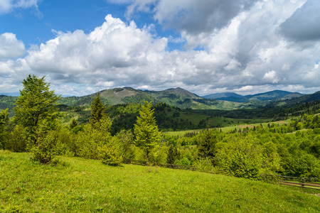 Mountains in clouds during a spring morning in Ukraineの写真素材
