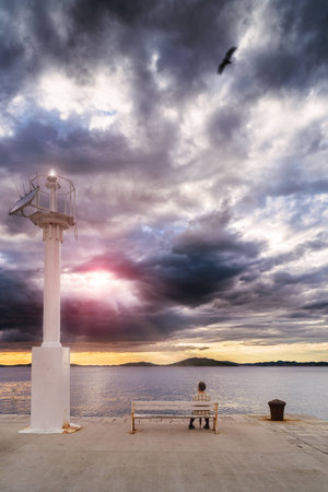 Sunset over an island bay in Dalmatia, Croatiaの写真素材