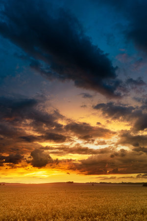 Sunset in fields in Central Europe with heavy cloudsの写真素材