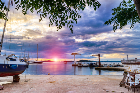 Sunset over an island bay in Dalmatia, Croatiaの写真素材