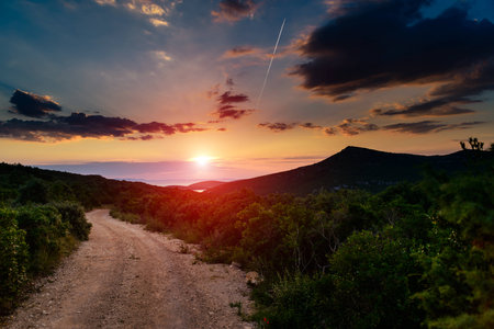 Sunset over an island bay in Dalmatia, Croatiaの写真素材