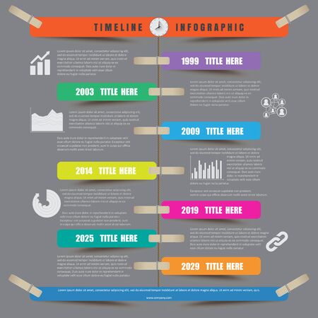 Timeline Infographic report template hanging on a rope with clothespinのイラスト素材
